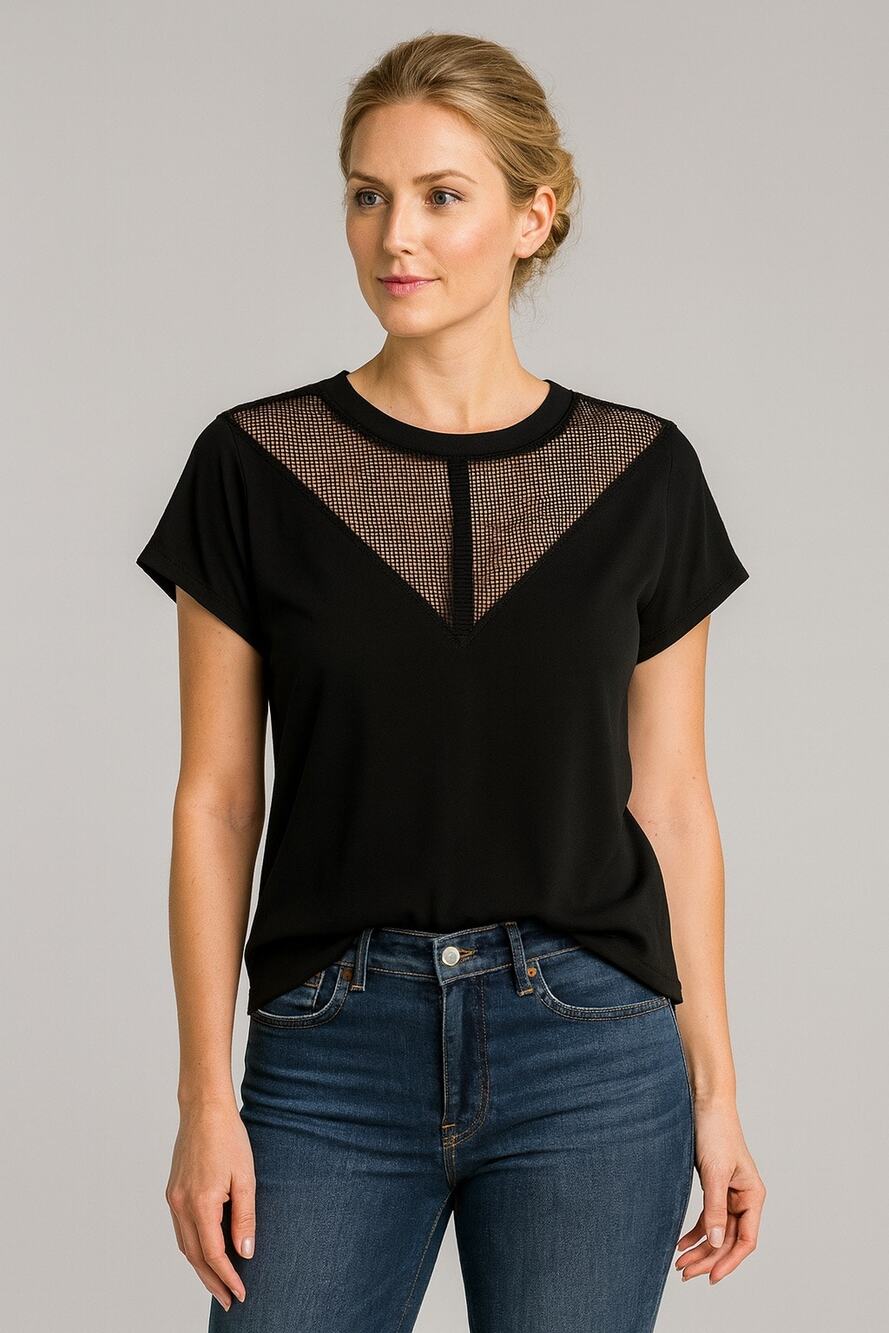 SHEIN Black V-Neck Mesh Style Short Sleeve Top Button Back Shirt Size Small